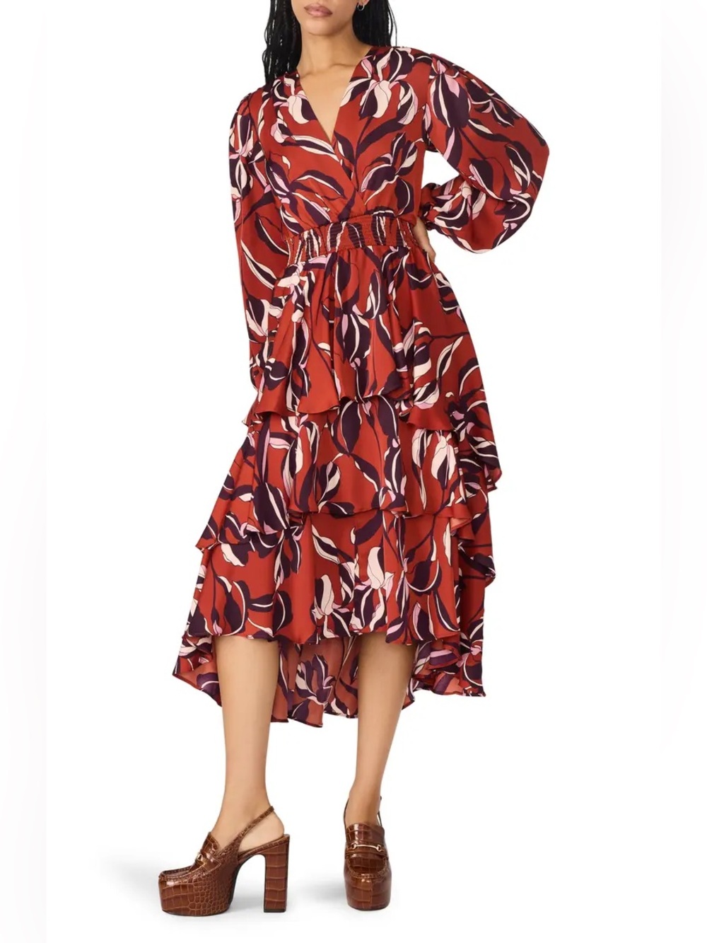 NWOT Steve Madden Bei Floral Long Sleeve Tiered High-Low Dress